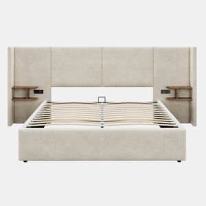 Cama estofada 160x200 cm - hidráulica com USB e tomadas, duas mesinhas com arrumação, estrado de madeira, fácil montagem - Bege