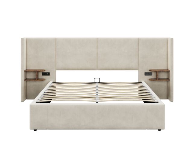 Cama tapizada 160x200 cm - hidráulica con usb y enchufes, dos mesitas con almacenamiento, somier de madera, montaje fácil - beige