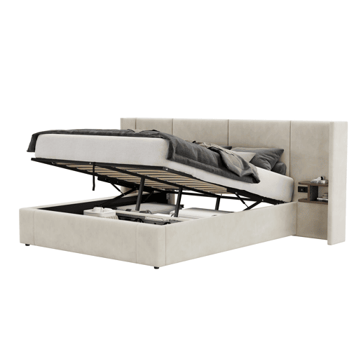 Cama estofada 160x200 cm - hidráulica com USB e tomadas, duas mesinhas com arrumação, estrado de madeira, fácil montagem - Bege