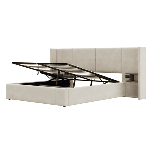 Cama estofada 160x200 cm - hidráulica com USB e tomadas, duas mesinhas com arrumação, estrado de madeira, fácil montagem - Bege