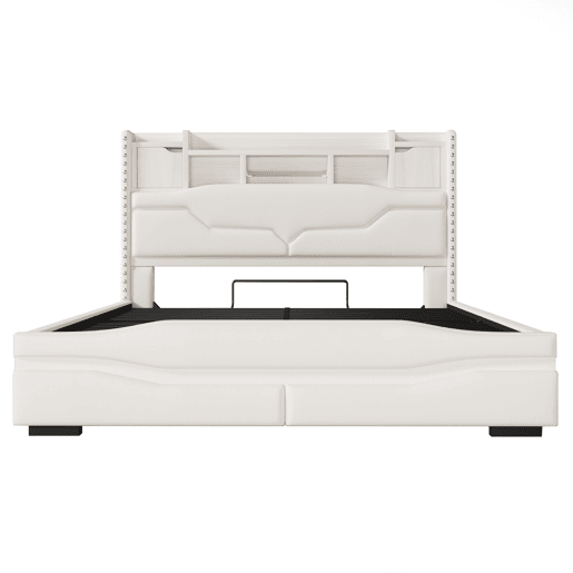 Cama Polsterbett 160x200cm - Cama hidráulica com função de carregamento USB, luzes LED, cabeceira com arrumação, bege