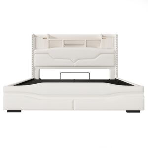Cama Polsterbett 160x200cm - Cama hidráulica com função de carregamento USB, luzes LED, cabeceira com arrumação, bege