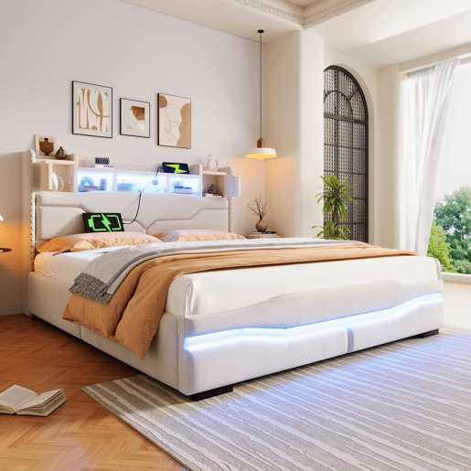 Cama Polsterbett 160x200cm - Cama hidráulica com função de carregamento USB, luzes LED, cabeceira com arrumação, bege