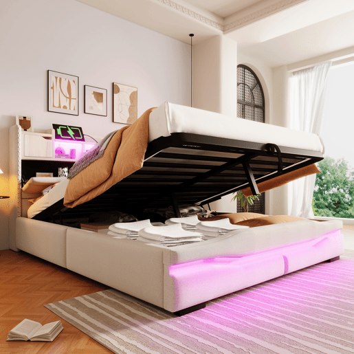 Cama Polsterbett 160x200cm - Cama hidráulica com função de carregamento USB, luzes LED, cabeceira com arrumação, bege