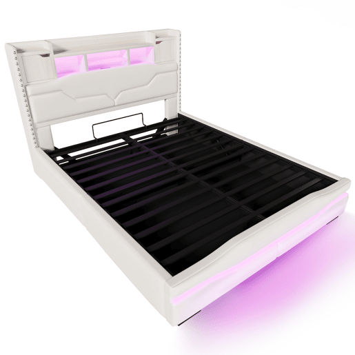 Cama Polsterbett 160x200cm - Cama hidráulica com função de carregamento USB, luzes LED, cabeceira com arrumação, bege