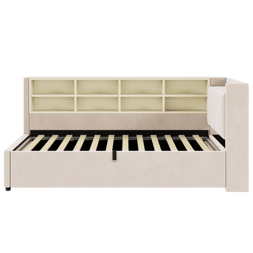 Sofá-cama estofado 90 x 200 cm - canapé hidráulico, luz noturna, portas USB e Tipo-C, prateleiras e arrumação, cabeceira acolchoada - veludo bege