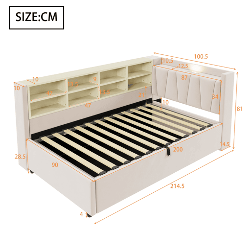 Sofá-cama estofado 90 x 200 cm - canapé hidráulico, luz noturna, portas USB e Tipo-C, prateleiras e arrumação, cabeceira acolchoada - veludo bege