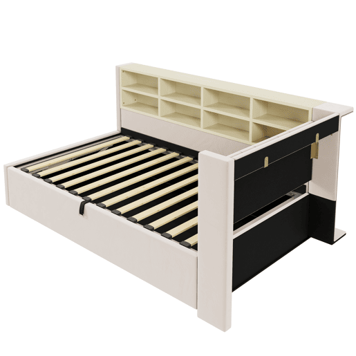 Sofá-cama estofado 90 x 200 cm - canapé hidráulico, luz noturna, portas USB e Tipo-C, prateleiras e arrumação, cabeceira acolchoada - veludo bege