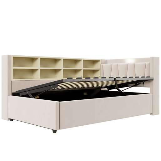 Sofá-cama estofado 90 x 200 cm - canapé hidráulico, luz noturna, portas USB e Tipo-C, prateleiras e arrumação, cabeceira acolchoada - veludo bege