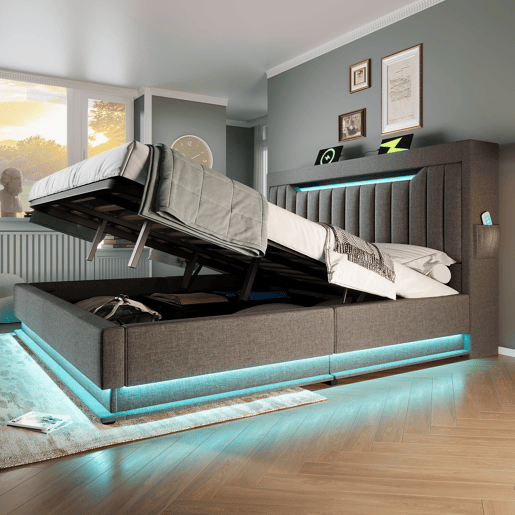 Cama estofada 160x200 cm - Cabeceira com arrumação, portas USB e Type-C, iluminação LED na cabeceira e nos pés, com arrumação hidráulica - Cinza