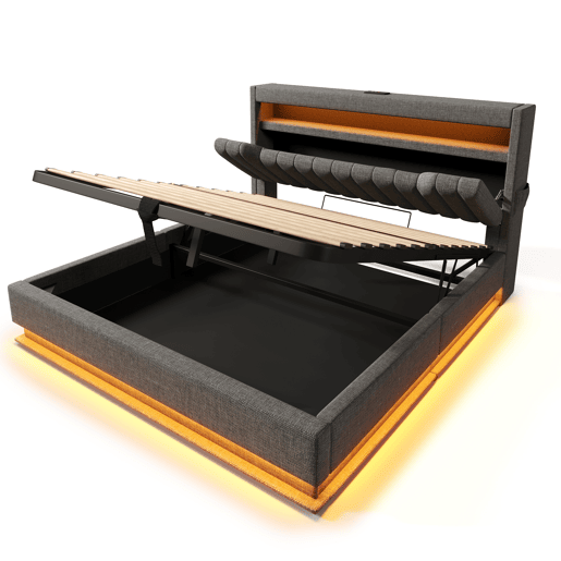Cama estofada 160x200 cm - Cabeceira com arrumação, portas USB e Type-C, iluminação LED na cabeceira e nos pés, com arrumação hidráulica - Cinza