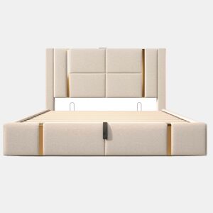 Cama estofada 140x200 - Função de carregamento USB Tipo C, controlo APP, LED, cama com arrumação, estrutura em madeira - Bege