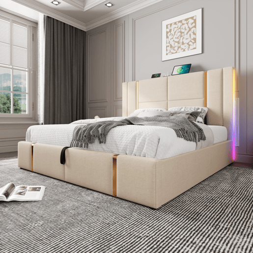 Cama estofada 140x200 - Função de carregamento USB Tipo C, controlo APP, LED, cama com arrumação, estrutura em madeira - Bege Cama estofada 140x200 - Função de carregamento USB Tipo C, controlo APP, LED, cama com arrumação, estrutura em madeira - Bege