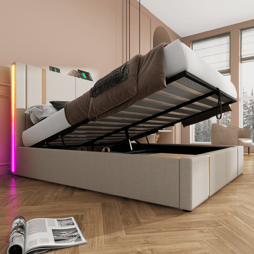 Cama estofada 140x200 - Função de carregamento USB Tipo C, controlo APP, LED, cama com arrumação, estrutura em madeira - Bege Cama estofada 140x200 - Função de carregamento USB Tipo C, controlo APP, LED, cama com arrumação, estrutura em madeira - Bege
