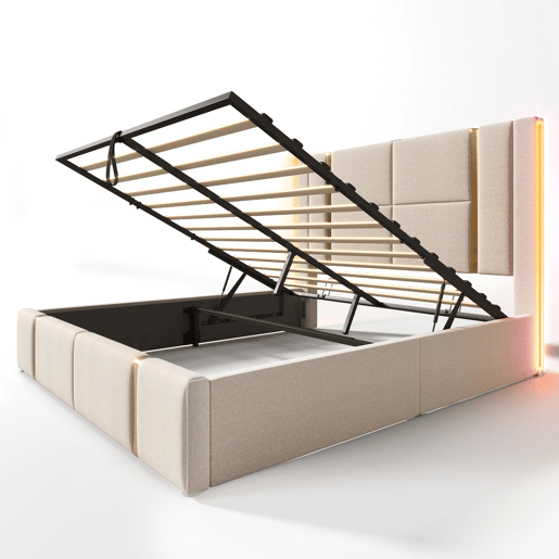 Cama estofada 140x200 - Função de carregamento USB Tipo C, controlo APP, LED, cama com arrumação, estrutura em madeira - Bege Cama estofada 140x200 - Função de carregamento USB Tipo C, controlo APP, LED, cama com arrumação, estrutura em madeira - Bege