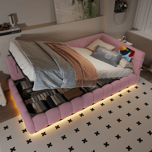 Cama de dia 90x200cm - Sofá-cama, com estrado, luz LED, mecanismo hidráulico, porta USB e Tipo-C, material confortável, feltro - Rosa