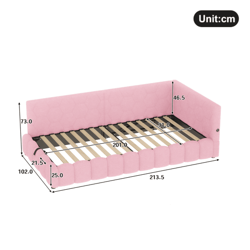 Cama de dia 90x200cm - Sofá-cama, com estrado, luz LED, mecanismo hidráulico, porta USB e Tipo-C, material confortável, feltro - Rosa