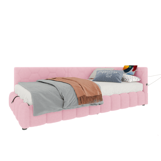 Cama de dia 90x200cm - Sofá-cama, com estrado, luz LED, mecanismo hidráulico, porta USB e Tipo-C, material confortável, feltro - Rosa