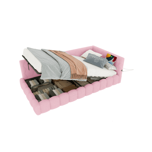Cama de dia 90x200cm - Sofá-cama, com estrado, luz LED, mecanismo hidráulico, porta USB e Tipo-C, material confortável, feltro - Rosa