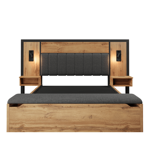 Cama de casal 160x200 - Com candeeiro de leitura, mesa de cabeceira com porta USB C, banco com arrumação, estrutura em metal, madeira e linho, Eiche - Com colchão