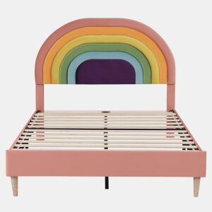 Cama estofada 140x200 - com estrado e cabeceira, juvenil e para adultos, encosto ajustável, veludo - Rosa