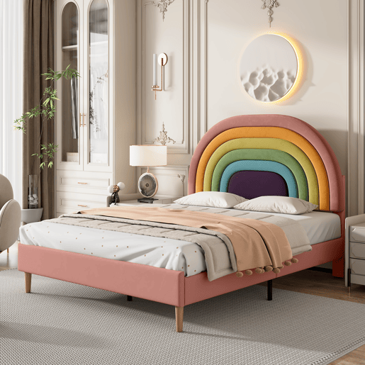 Cama estofada 140x200 - com estrado e cabeceira, juvenil e para adultos, encosto ajustável, veludo - Rosa