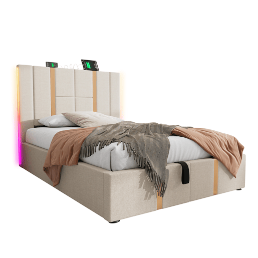 Cama estofada 90x200 - Cama com arrumação, função de carregamento USB Tipo C, controlo por APP, LED - Bege