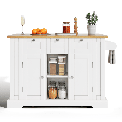 Mesa de cozinha móvel 132 cm - Estilo rústico, tampo dobrável, armário multifuncional, gaveta, prateleira para especiarias, suporte para toalhas, 5 rodas, tomada integrada - Branco+Natural