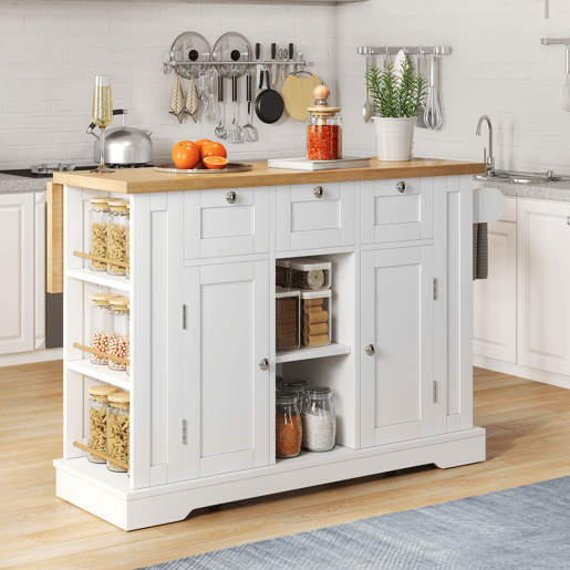 Mesa de cozinha móvel 132 cm - Estilo rústico, tampo dobrável, armário multifuncional, gaveta, prateleira para especiarias, suporte para toalhas, 5 rodas, tomada integrada - Branco+Natural