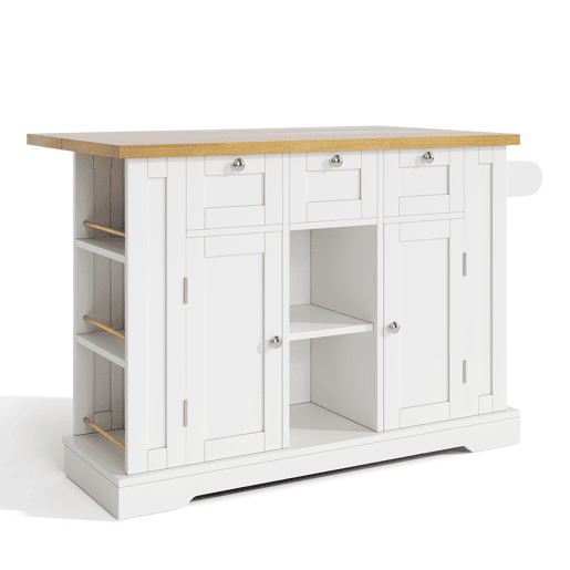 Mesa de cozinha móvel 132 cm - Estilo rústico, tampo dobrável, armário multifuncional, gaveta, prateleira para especiarias, suporte para toalhas, 5 rodas, tomada integrada - Branco+Natural