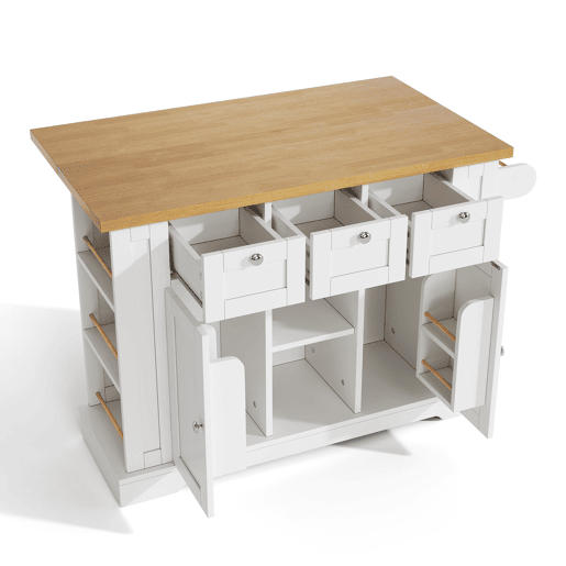 Mesa de cozinha móvel 132 cm - Estilo rústico, tampo dobrável, armário multifuncional, gaveta, prateleira para especiarias, suporte para toalhas, 5 rodas, tomada integrada - Branco+Natural