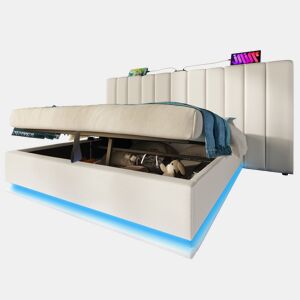 Cama estofada 160x200 - cama com arrumação, controlo por aplicação, LED e USB-C - Branco