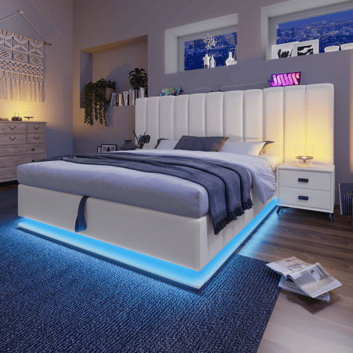 Cama estofada 160x200 - cama com arrumação, controlo por aplicação, LED e USB-C - Branco