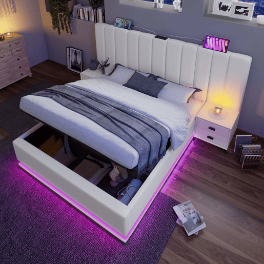 Cama estofada 160x200 - cama com arrumação, controlo por aplicação, LED e USB-C - Branco