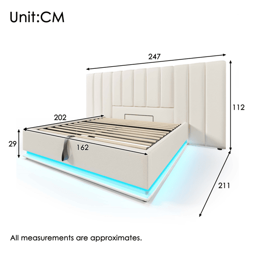 Cama estofada 160x200 - cama com arrumação, controlo por aplicação, LED e USB-C - Branco