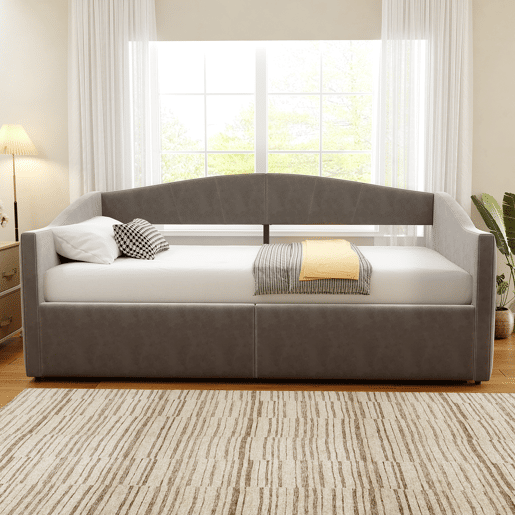 Cama individual 90*200 cm - Com armazenamento hidráulico, estrado, apoios de braços, design às riscas, cama multifuncional, tecido de veludo, cinzento
