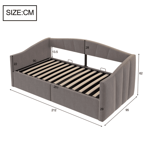 Cama individual 90*200 cm - Com armazenamento hidráulico, estrado, apoios de braços, design às riscas, cama multifuncional, tecido de veludo, cinzento