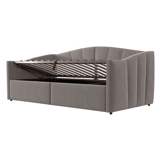 Cama individual 90*200 cm - Com armazenamento hidráulico, estrado, apoios de braços, design às riscas, cama multifuncional, tecido de veludo, cinzento
