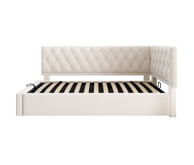 Cama individual 90x200 cm - sofá cama con almacenamiento hidráulico, con somier de listones de madera, terciopelo, beige