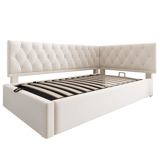 Cama individual 90x200 cm - Sofá-cama com armazenamento hidráulico, com estrado de ripas de madeira, veludo, bege