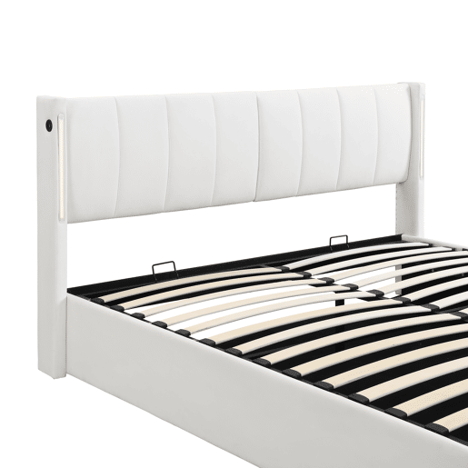 Cama estofada LED 140 x 200 cm - cama hidráulica com USB recarregável, cabeceira ajustável e arrumação - Branco