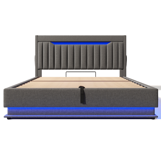 Cama estofada 180x200 cm - Cabeceira com arrumação, portas USB e tipo C, iluminação LED - Cinza