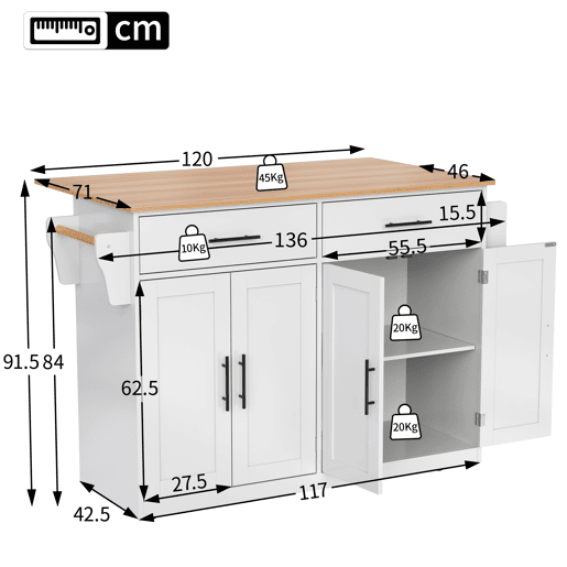 Carrinho de serviço 120x46 cm - Com tampa dobrável, rodas e pés de madeira intercambiáveis - Branco + Natural