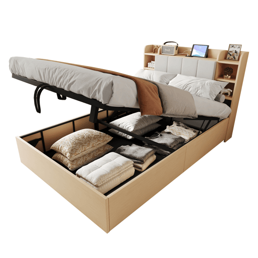Cama de madeira 140x200 cm - Cama hidráulica com cabeceira com arrumação, USB e tomada Tape-C - Madeira natural