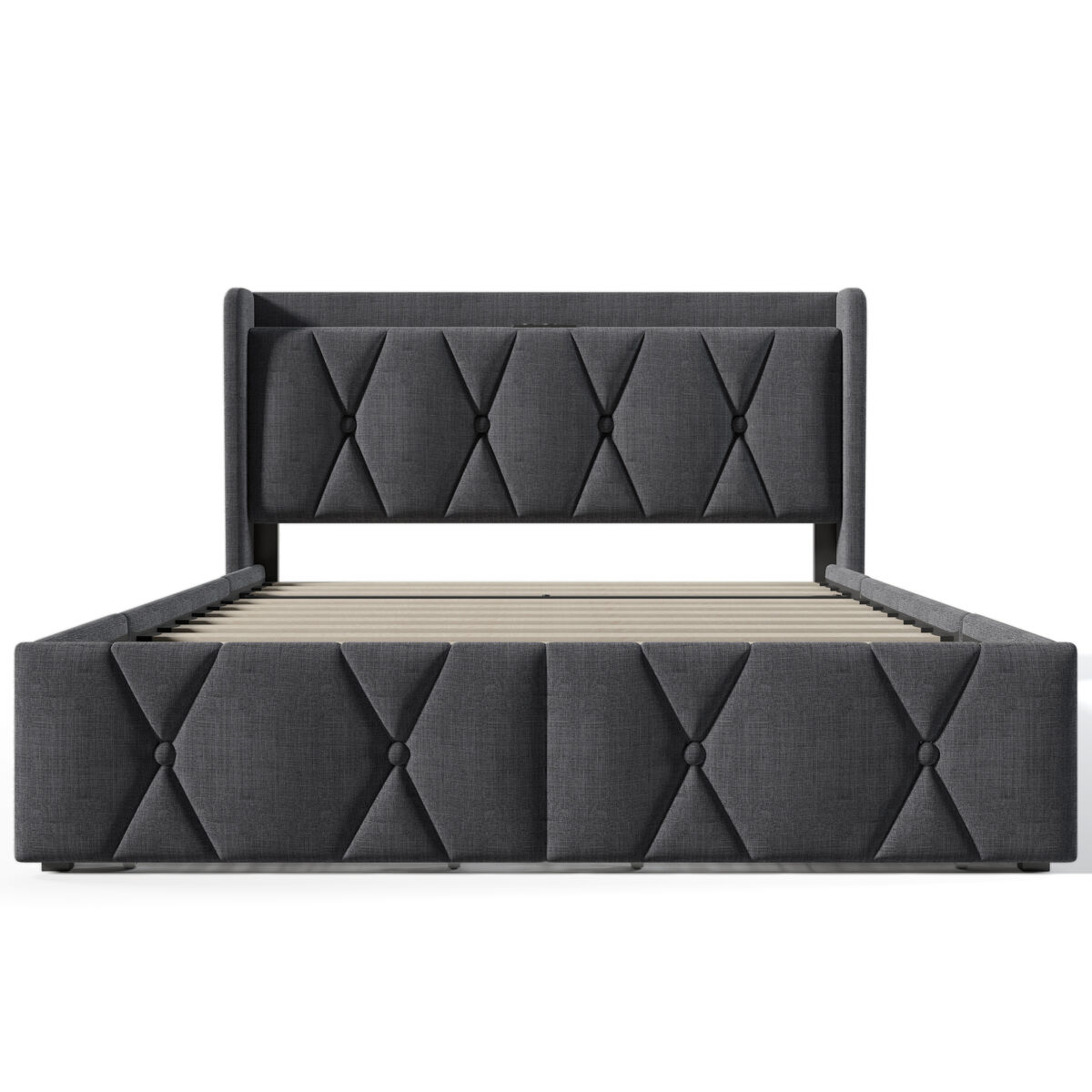 Cama doble 140x200 - cabecero con función de carga usb y 4 cajones, estructura con somier de madera - griscama doble 140x200 - cabecero con función de