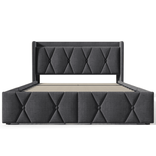 Cama de casal 140x200 - cabeceira com função de carregamento USB e 4 gavetas, estrutura com estrado de madeira - CinzaCama de casal 140x200 - cabeceira com função de carregamento USB e 4 gavetas, estrutura com estrado de madeira - Cinza