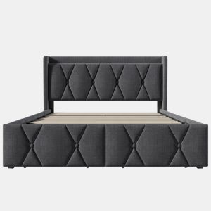 Cama de casal 140x200 - cabeceira com função de carregamento USB e 4 gavetas, estrutura com estrado de madeira - CinzaCama de casal 140x200 - cabeceira com função de carregamento USB e 4 gavetas, estrutura com estrado de madeira - Cinza
