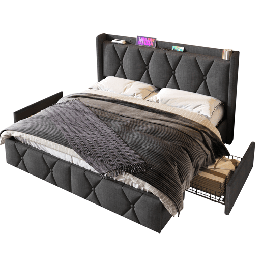 Cama de casal 140x200 - cabeceira com função de carregamento USB e 4 gavetas, estrutura com estrado de madeira - CinzaCama de casal 140x200 - cabeceira com função de carregamento USB e 4 gavetas, estrutura com estrado de madeira - Cinza