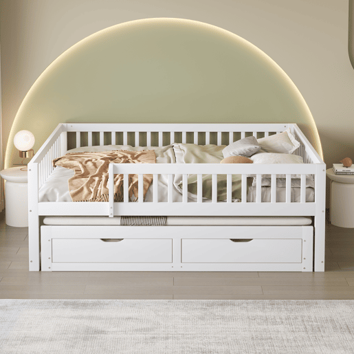 Sofá-cama em madeira maciça 140 x 200 cm - grade de segurança completa, cama extensível com 2 gavetas e estrado - branco