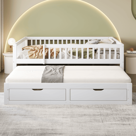 Sofá-cama em madeira maciça 140 x 200 cm - grade de segurança completa, cama extensível com 2 gavetas e estrado - branco